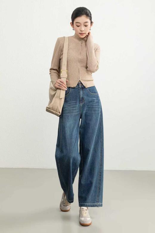 伯妮斯茵 | 复古休闲 蓝灰色羊角牛仔裤 高腰阔腿版型  日常百搭款  SZ3L06 - 蓝采和牛仔裤 商品图3