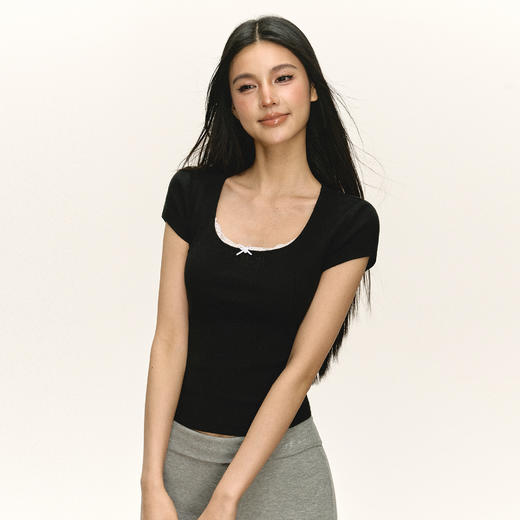 Ariseism 美式复古蝴蝶结镂空短袖T恤女夏季新款上衣 商品图0