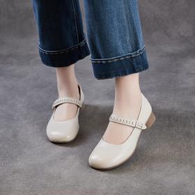 头层牛皮圆头浅口一字带粗跟中跟玛丽珍鞋