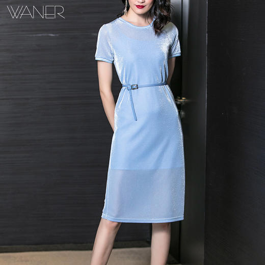 芳外纯色简约时尚休闲短袖中长款连衣裙气质圆领夏季连衣裙4851 商品图1