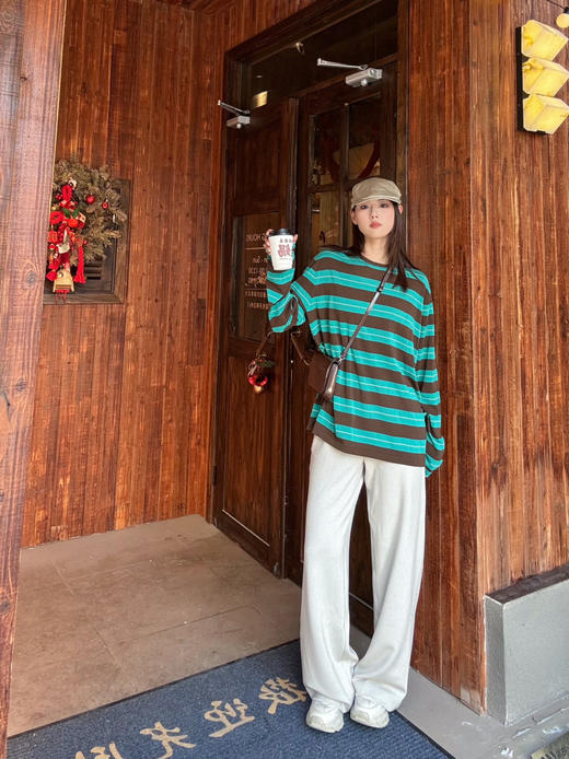 【条纹控】噢蜜ooomeooo三醋酸绿条纹宽松套头衫 商品图7