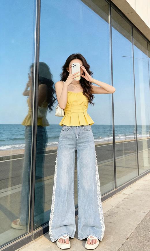 <曾小咸推荐>钉珠拼接蕾丝天丝牛仔裤 日常189 活动159 ！！【预售款，预计3-15天发货】 商品图1