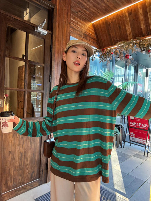 【条纹控】噢蜜ooomeooo三醋酸绿条纹宽松套头衫 商品图0