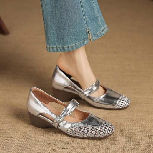 【预售5天】镂空透气凉鞋女夏季真皮软底银色女鞋舒适不累脚单鞋ASN&3390 商品图2