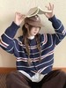 F0327110慵懒随性藏青底色拼色条纹圆领针织开衫毛衣 商品缩略图8