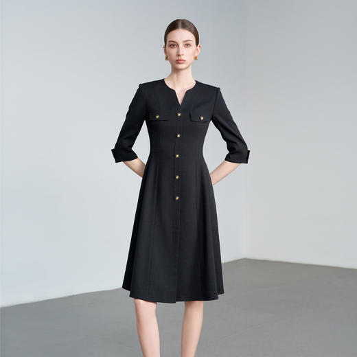 IWY/轻奢黑色连衣裙女七分袖单排扣收腰显瘦西装裙职业通勤长裙 6Q07 商品图3