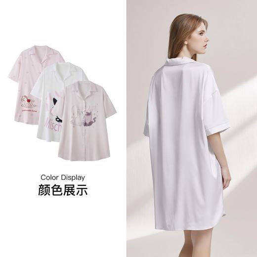 【7.5折限时特惠】（大版）【秀黛】女卡通印花丝质短袖裙仿丝触感丝滑垂坠衬衣领女士夏季短袖睡裙W2551102T【门店同款】 商品图3