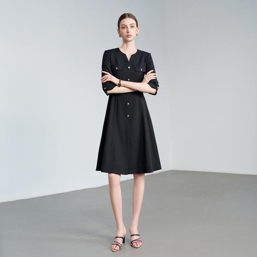 IWY/轻奢黑色连衣裙女七分袖单排扣收腰显瘦西装裙职业通勤长裙 6Q07 商品图2