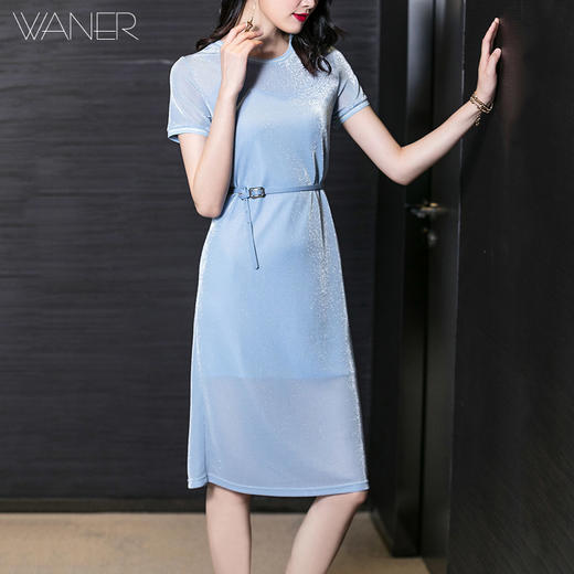 芳外纯色简约时尚休闲短袖中长款连衣裙气质圆领夏季连衣裙4851 商品图0