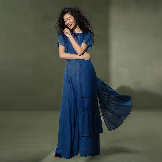 【林栖设计小店】植物染色|手工植物蓝苎麻三件套2026夏新款花边百搭套装1962053 商品图0