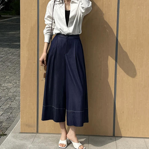 cosAcosB明线撞色牛仔蓝高腰九分阔腿裙裤｜牛仔蓝赫本风，藏肉显瘦不挑人 商品图1