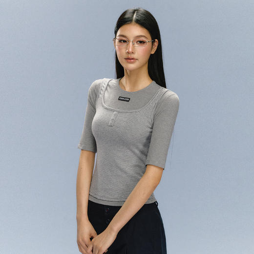 Ariseism 美式复古灰色假两件短袖T恤女夏季新款上衣 商品图3