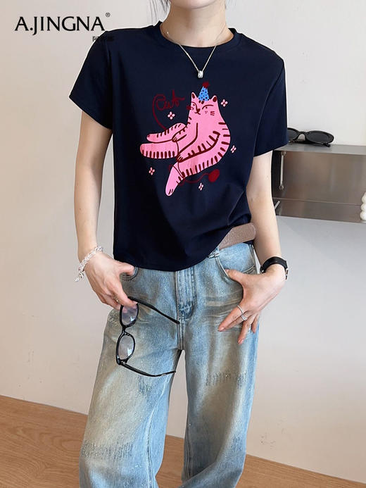 【减龄百搭】阿菁娜春季新款卡通猫咪印花AB面短袖T恤F31C301023 商品图1