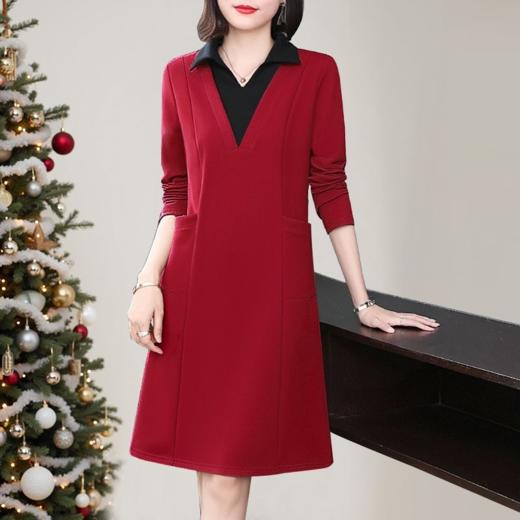 圣诞长袖红色连衣裙女秋冬2026新款大码女装高级感polo衫翻领裙子 商品图1