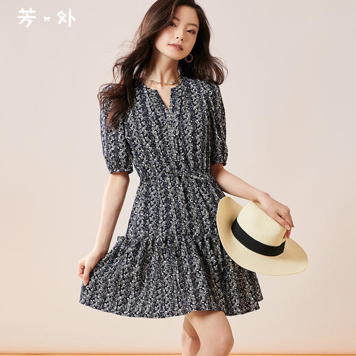 芳外2025夏季新款优雅减龄碎花连衣裙泡泡袖宽松短款a字裙子0299 商品图0