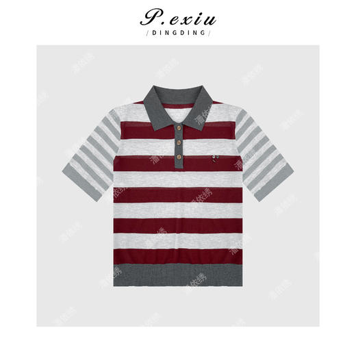 03-5潘依绣丁丁宠粉【草莓布朗】人丝撞色条纹Polo领短袖针织上衣ZZ0881 商品图1