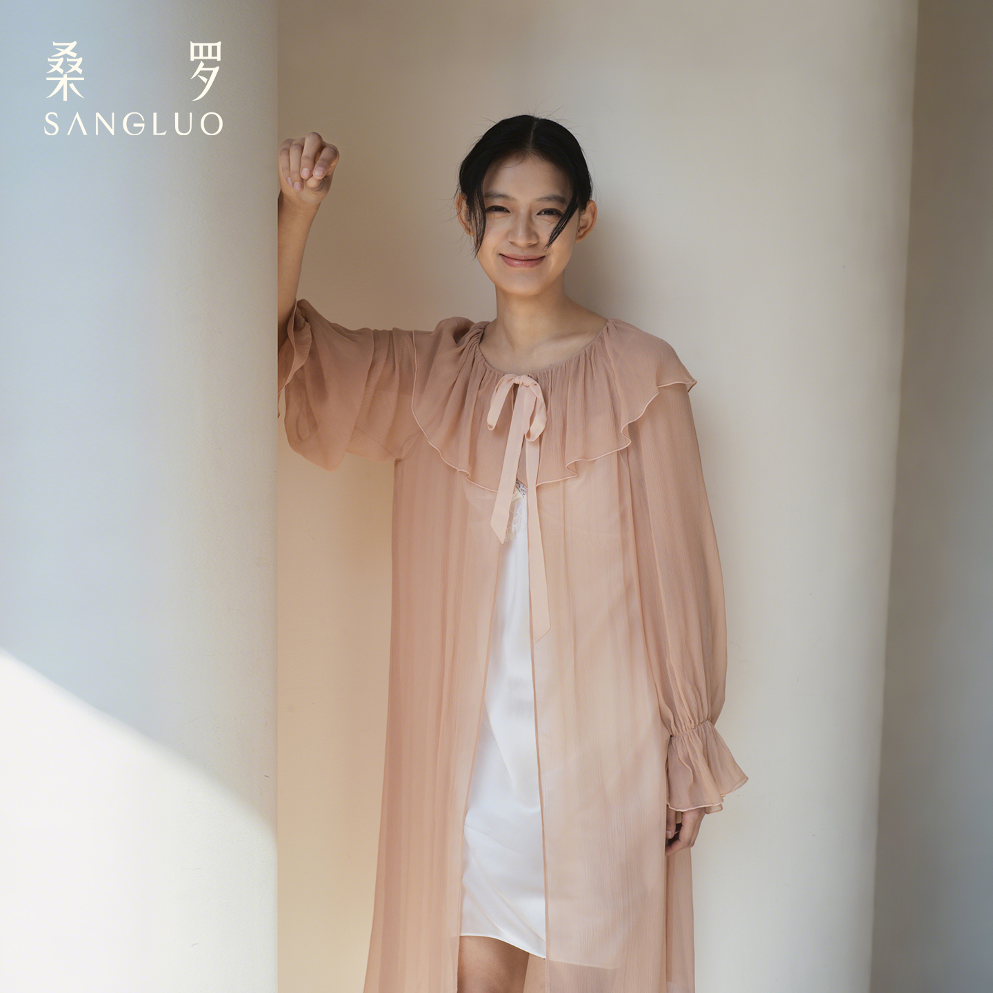 月光倾泻』桑罗荷叶领飘带长袖真丝睡袍100%桑蚕丝女家居服可外穿