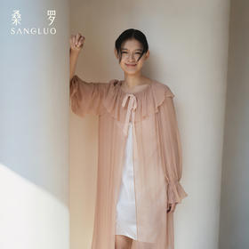 月光倾泻』桑罗荷叶领飘带长袖真丝睡袍100%桑蚕丝女家居服可外穿