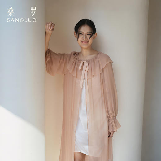 月光倾泻』桑罗荷叶领飘带长袖真丝睡袍100%桑蚕丝女家居服可外穿 商品图0