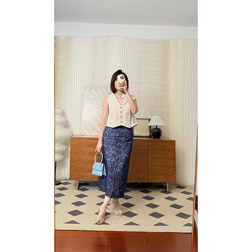 面纱 双层面料100真丝+100棉 H型包臀半裙 藏青碎花小众款 商品图2