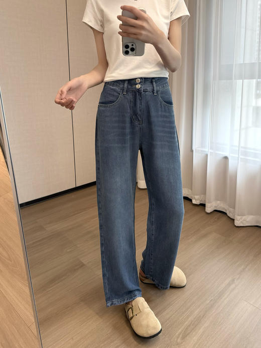 新款微直筒两粒扣高腰不挑腿型360°四面超弹土耳其牛仔裤 商品图3