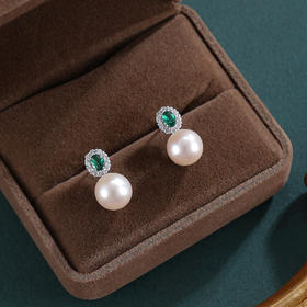 子佩集【花海寄情】银S925珍珠惜王妃耳钉【EM3079-XF】8.5mm珠绿点2601