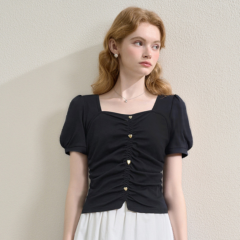 【限时秒杀】法式精致设计感方领泡泡袖短款上衣女夏季收腰显瘦抽褶T恤LXD50957