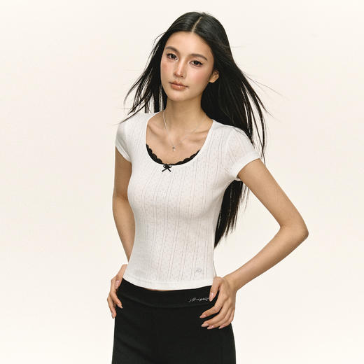 Ariseism 美式复古蝴蝶结镂空短袖T恤女夏季新款上衣 商品图3