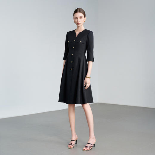 IWY/轻奢黑色连衣裙女七分袖单排扣收腰显瘦西装裙职业通勤长裙 6Q07 商品图1