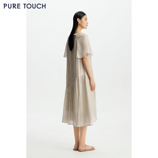 PURE TOUCH女26春夏新款连肩飞飞袖连衣裙珠光微闪抽褶度假中长裙 商品图4