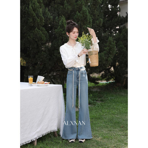 鹿向南「星落花海」蓝色牛仔裤女春季新款高腰宽松拖地长款裤子 商品图4