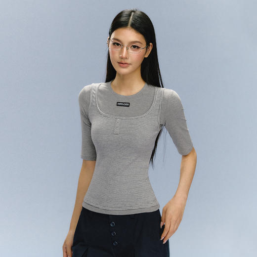 Ariseism 美式复古灰色假两件短袖T恤女夏季新款上衣 商品图0