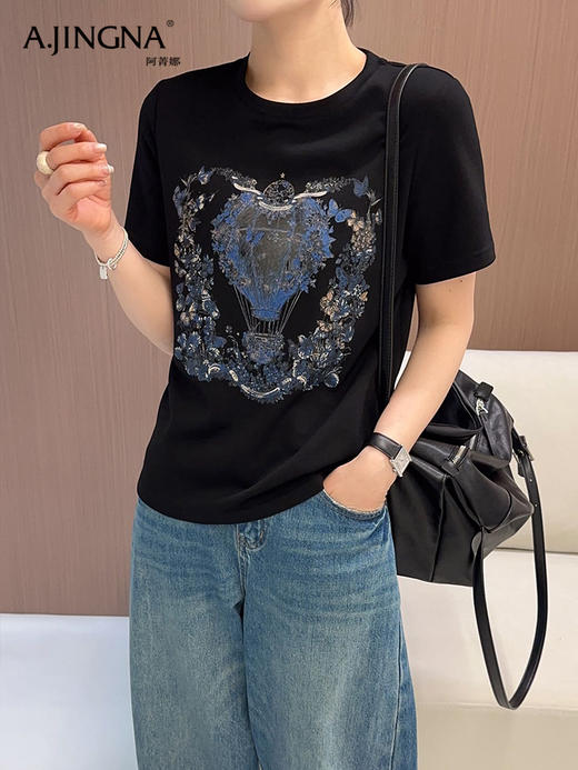 【日常通勤】阿菁娜春季新款复古热气球印花AB面短袖T恤F31C301022 商品图2
