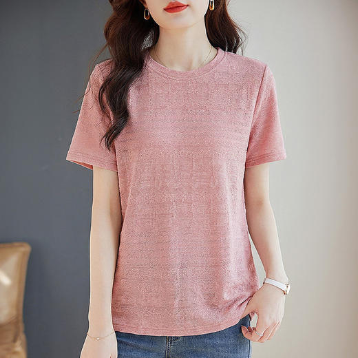 粉色短袖肌理提花T恤女2026夏新款大码女装遮肉显瘦宽松休闲上衣 商品图2
