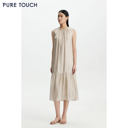 PURE TOUCH26春夏新款度假连衣裙珠光粉无袖抽褶中长裙系带收腰裙 商品图1