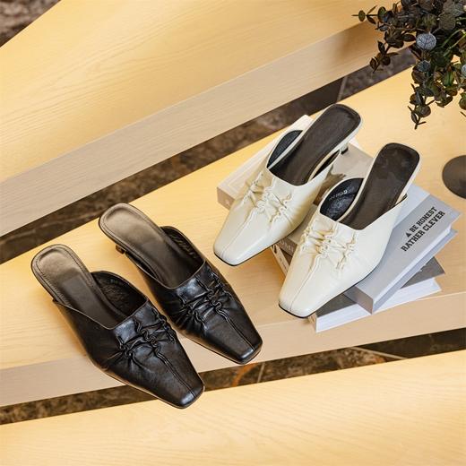 头层羊皮方头褶皱粗跟低跟包头拖鞋 商品图2