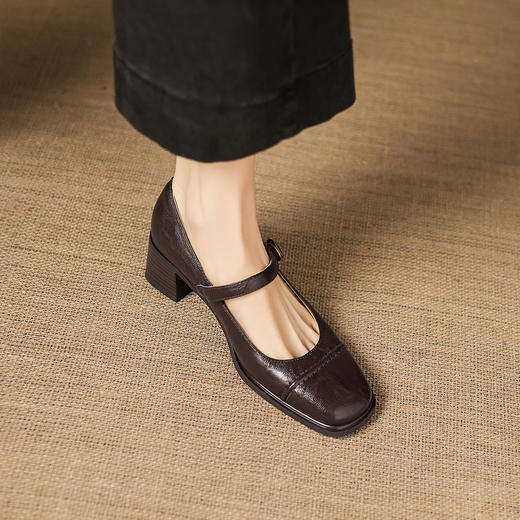 阿么手工女鞋极简风一字带玛丽珍鞋2026新款百搭气质方头单鞋5CM 商品图1