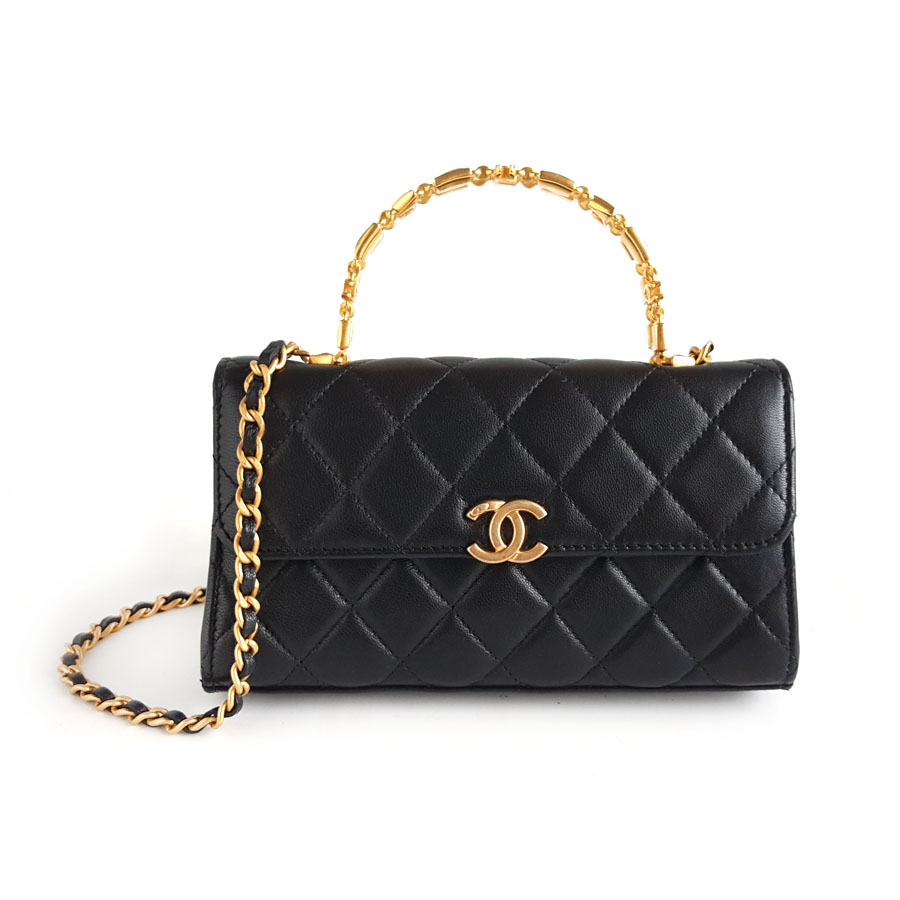 【95新】CHANEL香奈儿AP2946B0884294305 22B黑金羊皮珐琅手柄款单肩斜挎手提包女士230326AK25