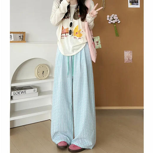 【清新元气❗️格子直筒裤】高弹宽松遮肉，抽绳松紧腰，通勤居家都能穿，百搭各种上衣，夏日出门超轻松，休闲宽松格纹女裤，多巴胺格子裤薄款高腰小个子阔腿裤L 商品图2