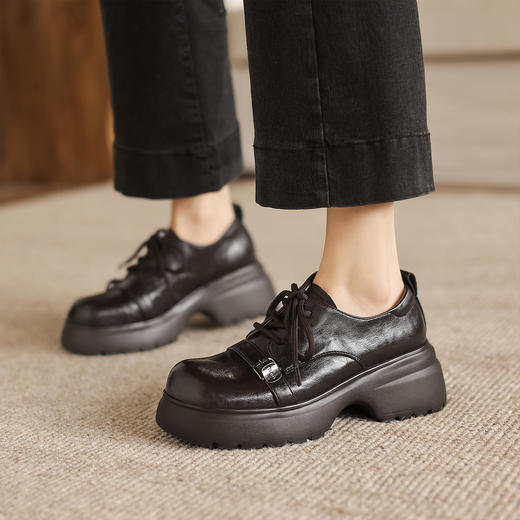 阿么手工女鞋学院风系带小皮鞋女新款百搭扣带圆头复古乐福鞋6CM 商品图3