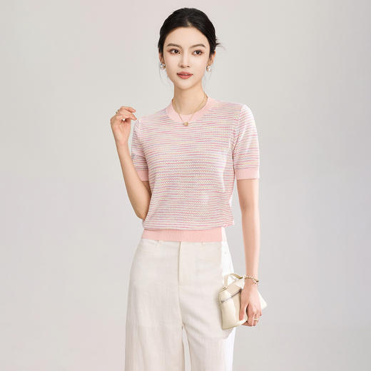 「高货wl」全新升级【铂金会员201/天猫269/差价68】(11629)洛诗琳立体挑孔织花上衣2026春夏双曲珠片纱小香风针织T恤 商品图0