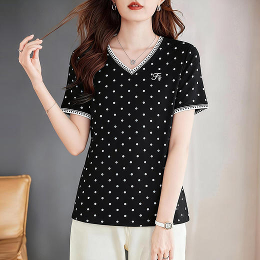 黑色波点V领短袖T恤女2026夏季新款大码女装宽松显瘦洋气减龄上衣 商品图2