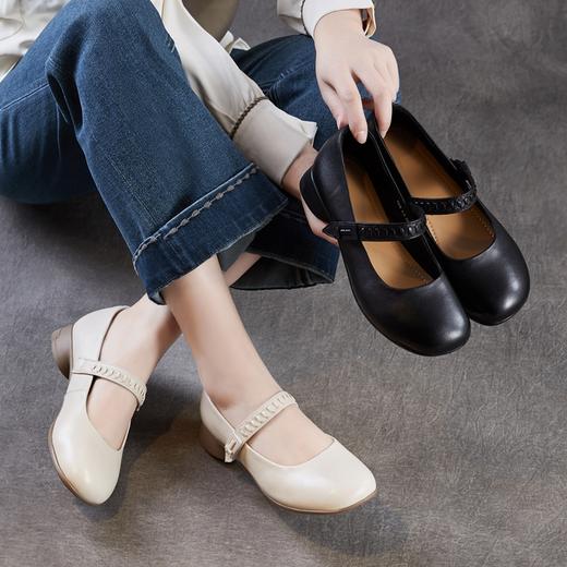 头层牛皮圆头浅口一字带粗跟中跟玛丽珍鞋 商品图2