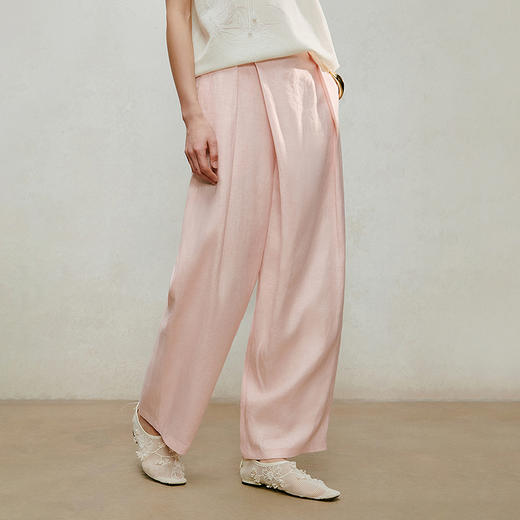 【林栖设计小店】漫芳华|手钉贝壳牌肉粉色压褶宽松2026夏新款萝卜裤子1962105 商品图0