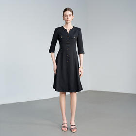 IWY/轻奢黑色连衣裙女七分袖单排扣收腰显瘦西装裙职业通勤长裙 6Q07