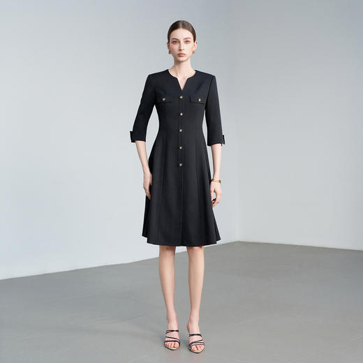 IWY/轻奢黑色连衣裙女七分袖单排扣收腰显瘦西装裙职业通勤长裙 6Q07 商品图0