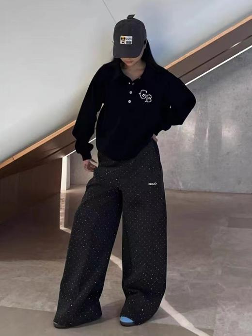 F032720闪银星空烫钻休闲宽松百搭直筒廓形情侣款长裤 商品图10