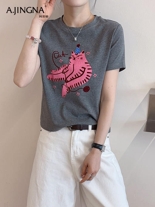 【减龄百搭】阿菁娜春季新款卡通猫咪印花AB面短袖T恤F31C301023 商品图0