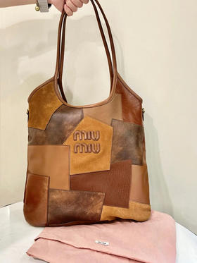 缪缪 Ivy皮革拼贴 干邑色 牛皮 单肩包