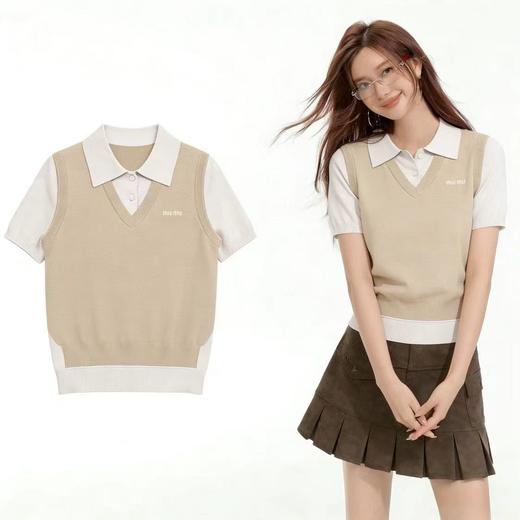 点此购买 缪缪夏季翻领polo假两件针织衫短袖T恤 mp 343619 商品图2